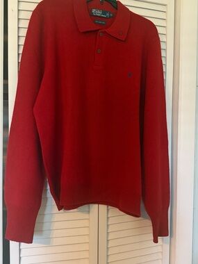 VTG 1990s 100%Lambs Wool Polo Ralph Lauren Red Long-Sleeve Knit Polo